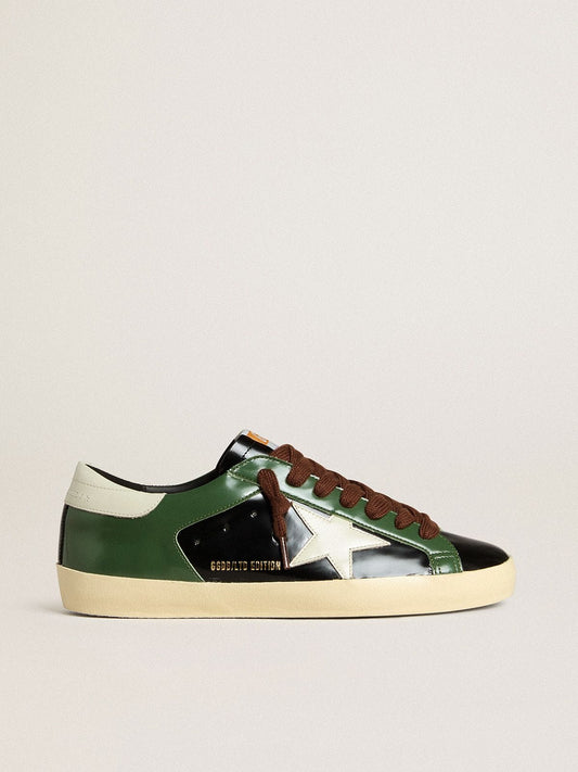 Men’s Super-Star LTD in black laminated leather with white leather star and heel tab | Golden Goose