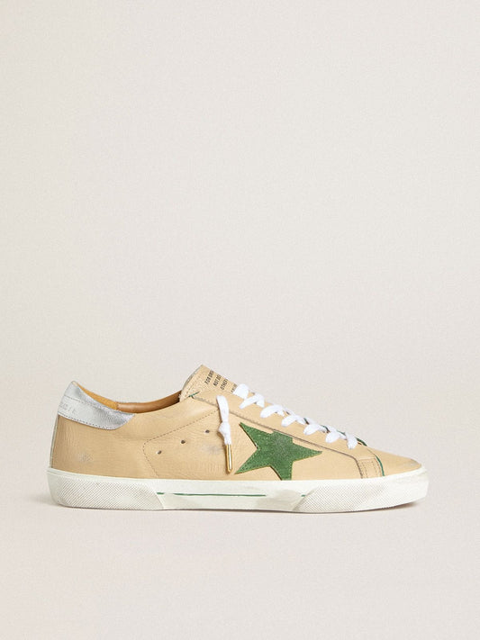 Super-Star LTD in beige leather with green suede star and silver foiled leather heel tab | Golden Goose