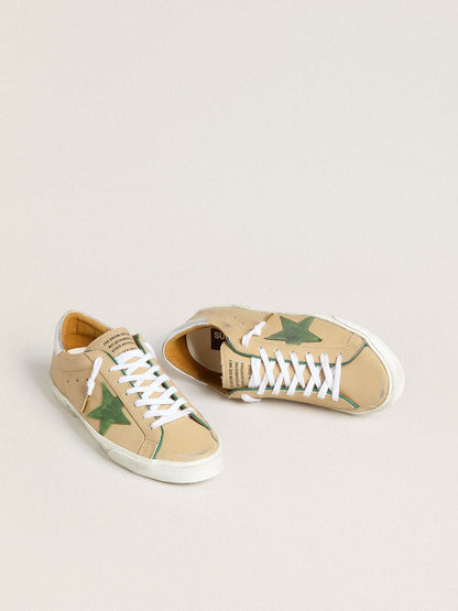 Super-Star LTD in beige leather with green suede star and silver foiled leather heel tab | Golden Goose