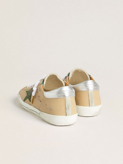 Super-Star LTD in beige leather with green suede star and silver foiled leather heel tab | Golden Goose