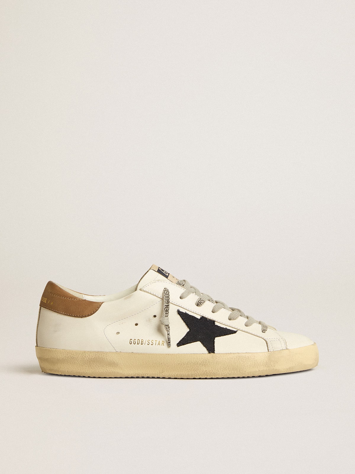Men's Super-Star in white leather with midnight-blue canvas star and tobacco leather heel tab | Golden Goose