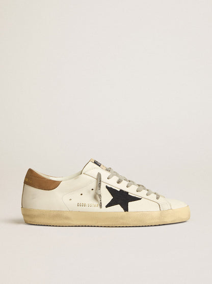 Men's Super-Star in white leather with midnight-blue canvas star and tobacco leather heel tab | Golden Goose