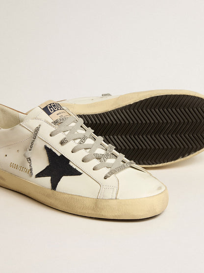 Men's Super-Star in white leather with midnight-blue canvas star and tobacco leather heel tab | Golden Goose