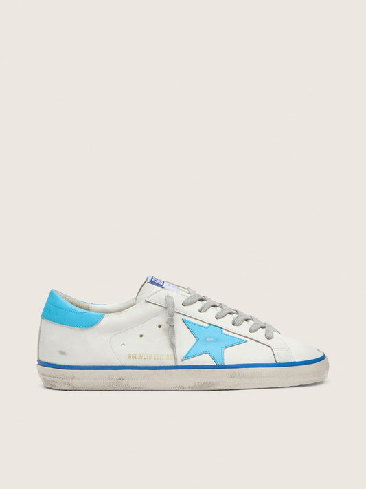 Men's Super-Star LTD in white leather with light blue leather star and heel tab | Golden Goose
