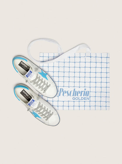 Men's Super-Star LTD in white leather with light blue leather star and heel tab | Golden Goose