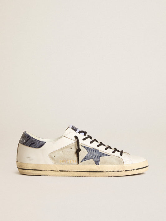 Men's Super-Star in leather and suede with blue lizard-print leather star | Golden Goose
