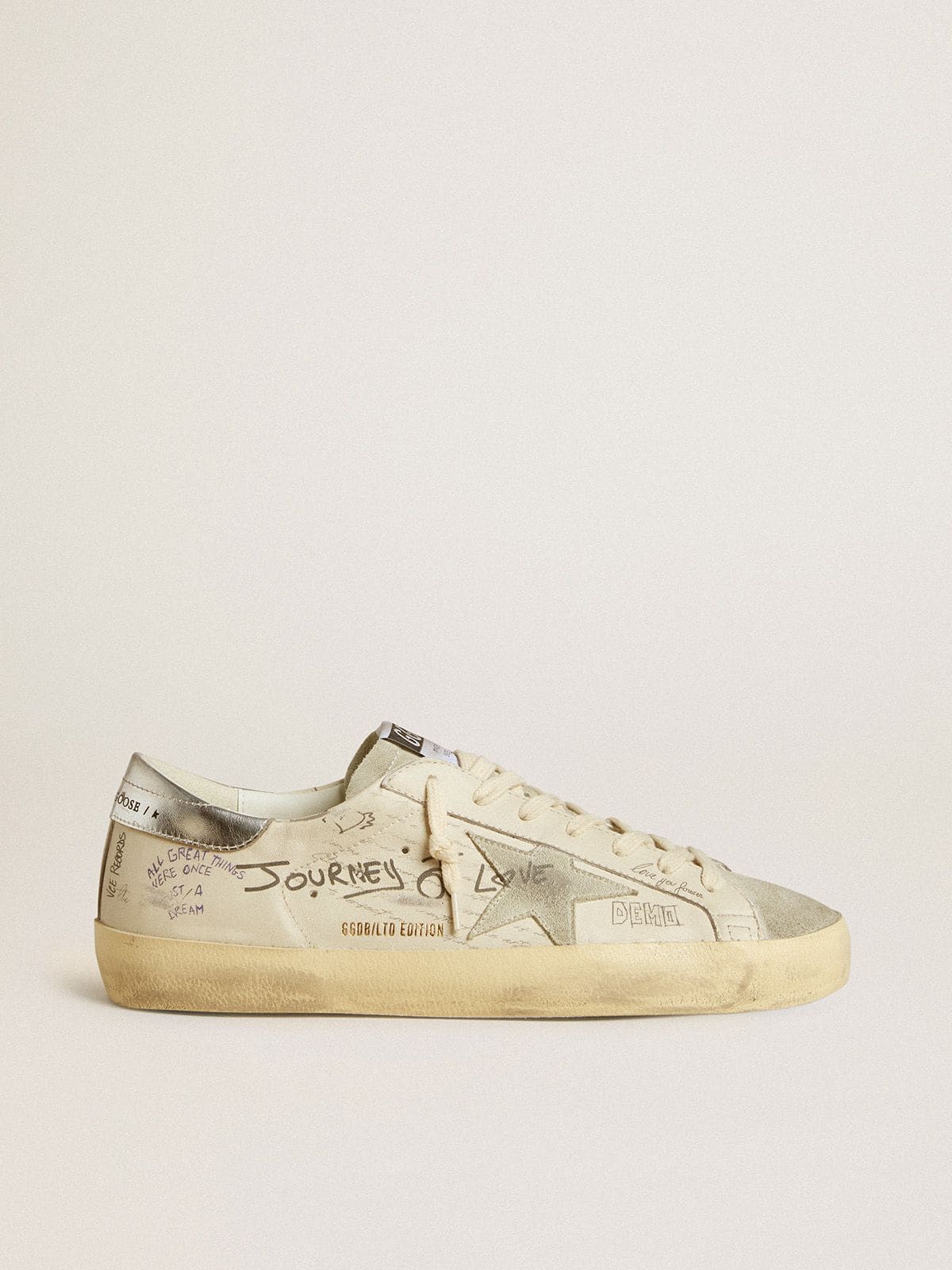 Men's Super-Star  in white leather with all-over lettering and ice-gray suede star | Golden Goose