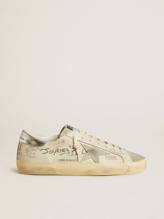 Men's Super-Star  in white leather with all-over lettering and ice-gray suede star | Golden Goose