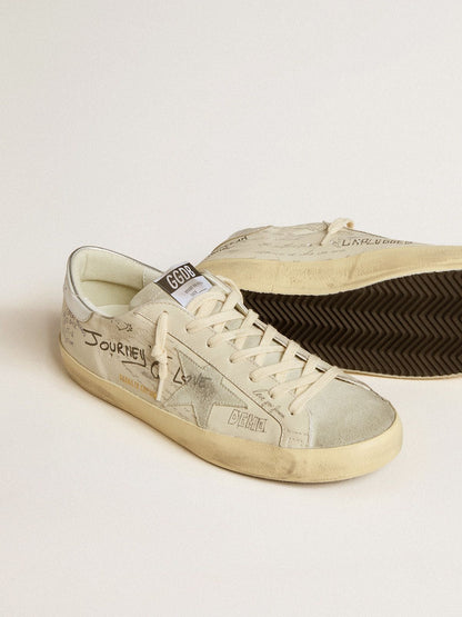 Men's Super-Star  in white leather with all-over lettering and ice-gray suede star | Golden Goose