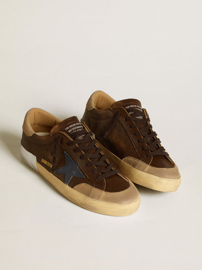 Men's Super-Star in leather with blue leather star and beige nubuck heel tab | Golden Goose