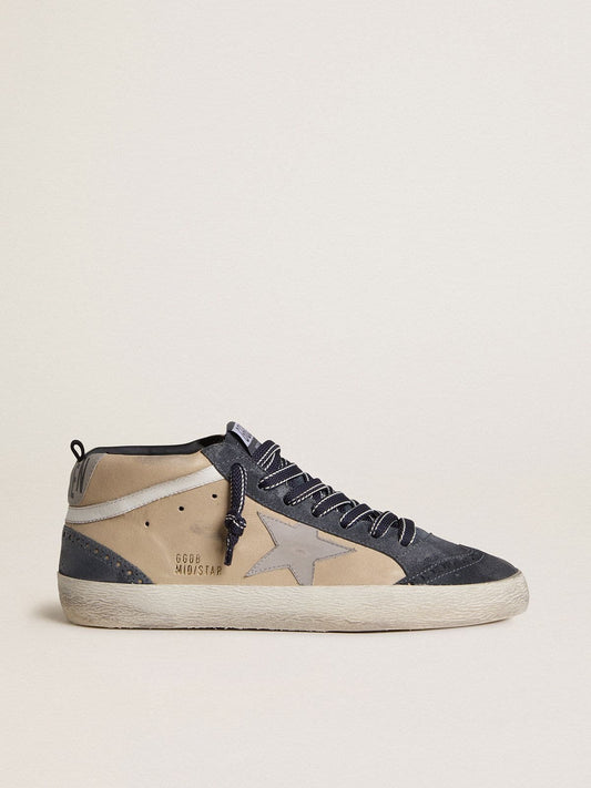 Men's Mid Star in beige and blue suede with gray nappa leather star and white leather flash | Golden Goose