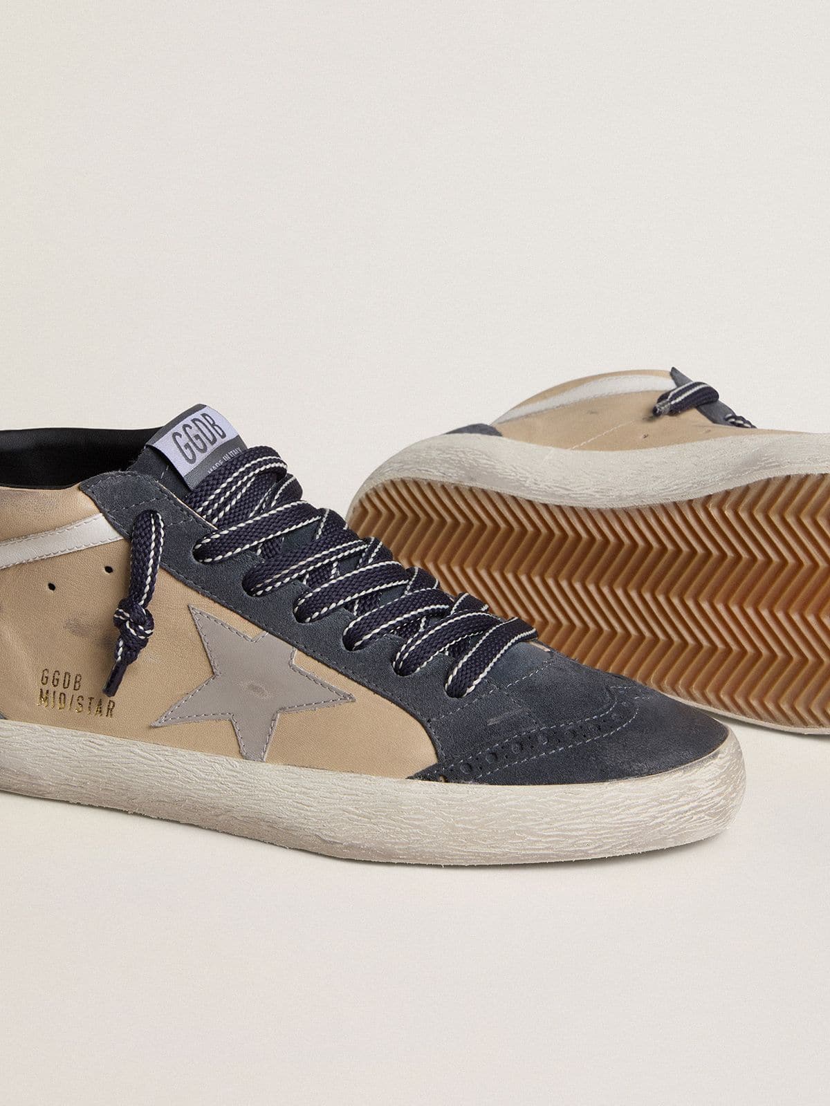 Men's Mid Star in beige and blue suede with gray nappa leather star and white leather flash | Golden Goose
