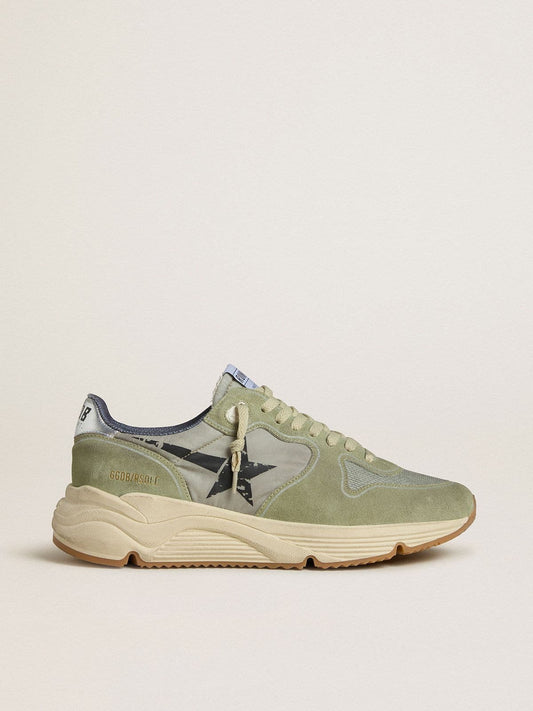 Men's Running Sole in sage-green nylon and suede with printed black star | Golden Goose