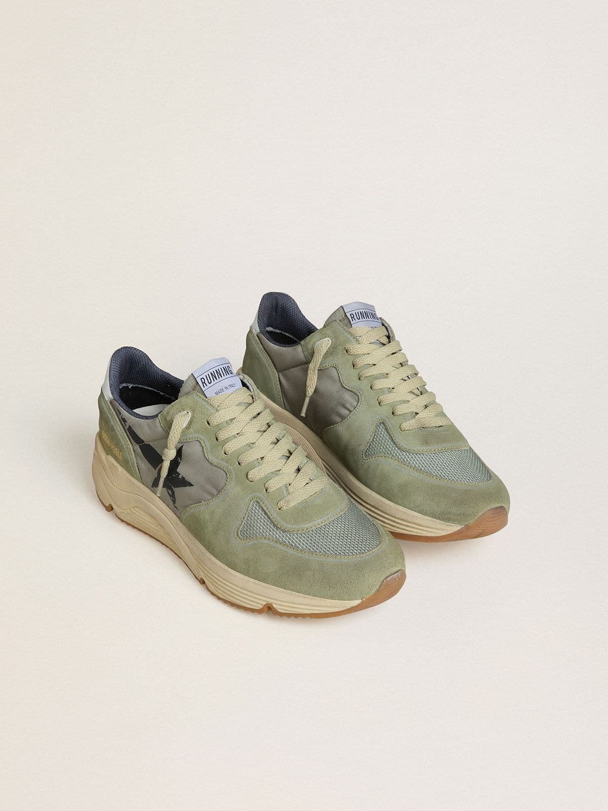 Men's Running Sole in sage-green nylon and suede with printed black star | Golden Goose