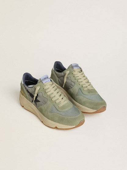Men's Running Sole in sage-green nylon and suede with printed black star | Golden Goose