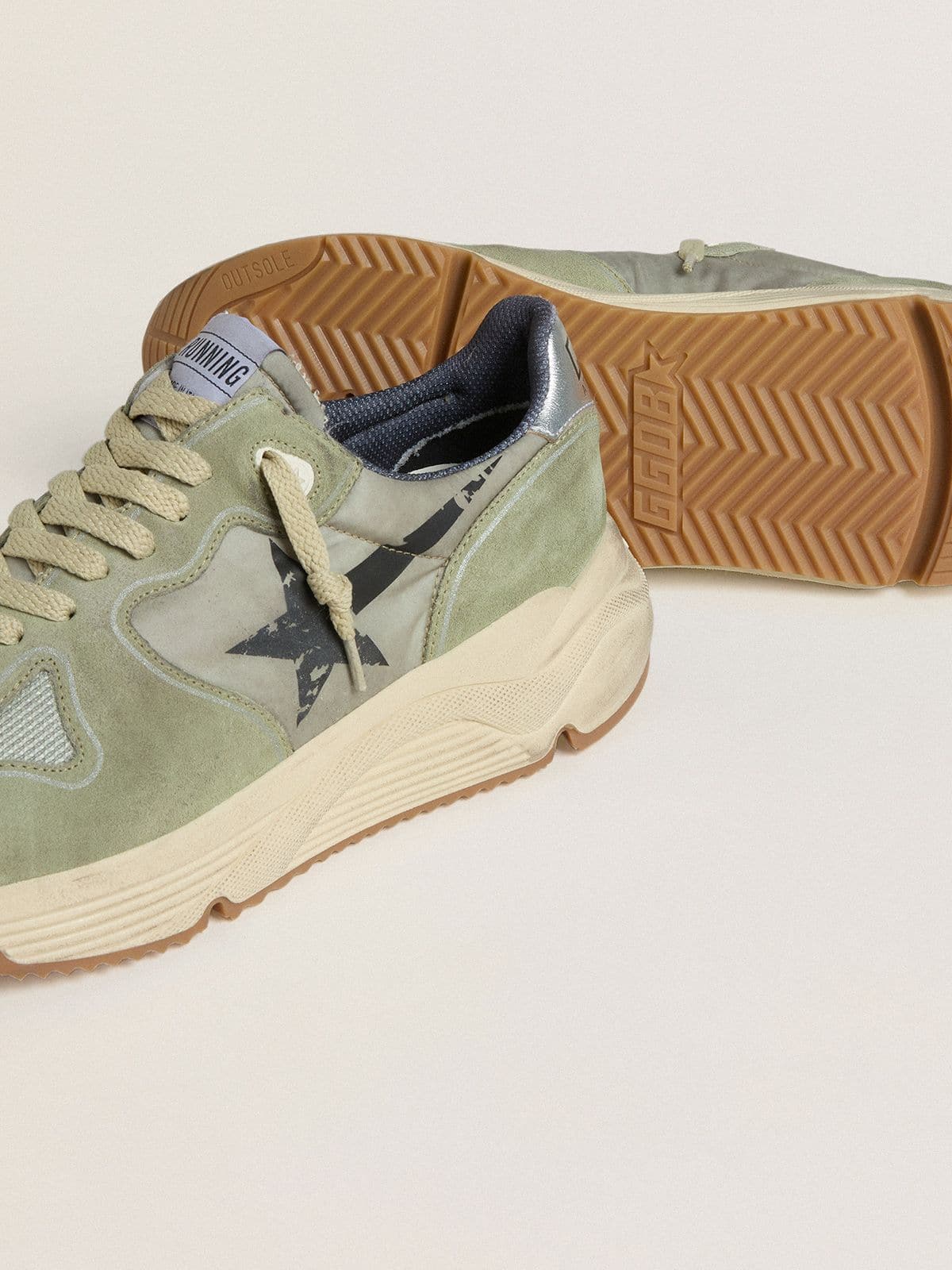 Men's Running Sole in sage-green nylon and suede with printed black star | Golden Goose