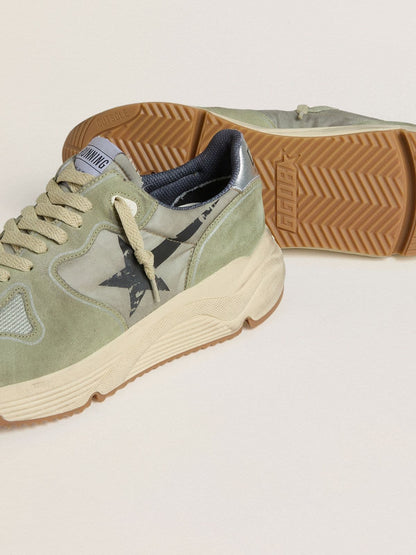 Men's Running Sole in sage-green nylon and suede with printed black star | Golden Goose