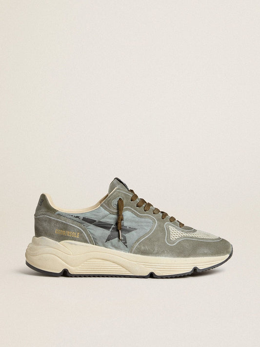 Men's Running Sole in light blue nylon with black star and green leather heel tab | Golden Goose