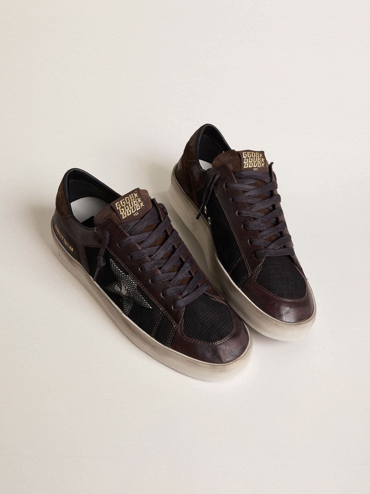 Men's Stardan in brown suede and black mesh with white leather star and nappa leather inserts | Golden Goose