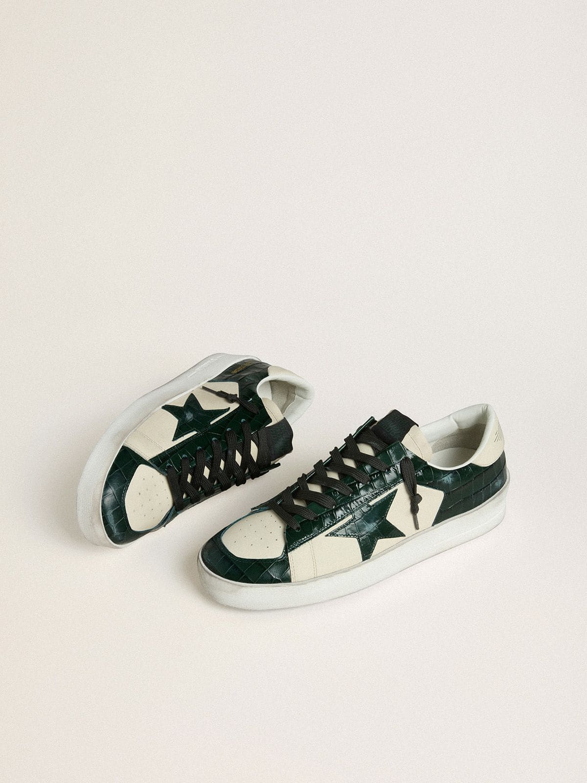 Men's Stardan LTD in cream leather with green crocodile-print leather star and inserts | Golden Goose