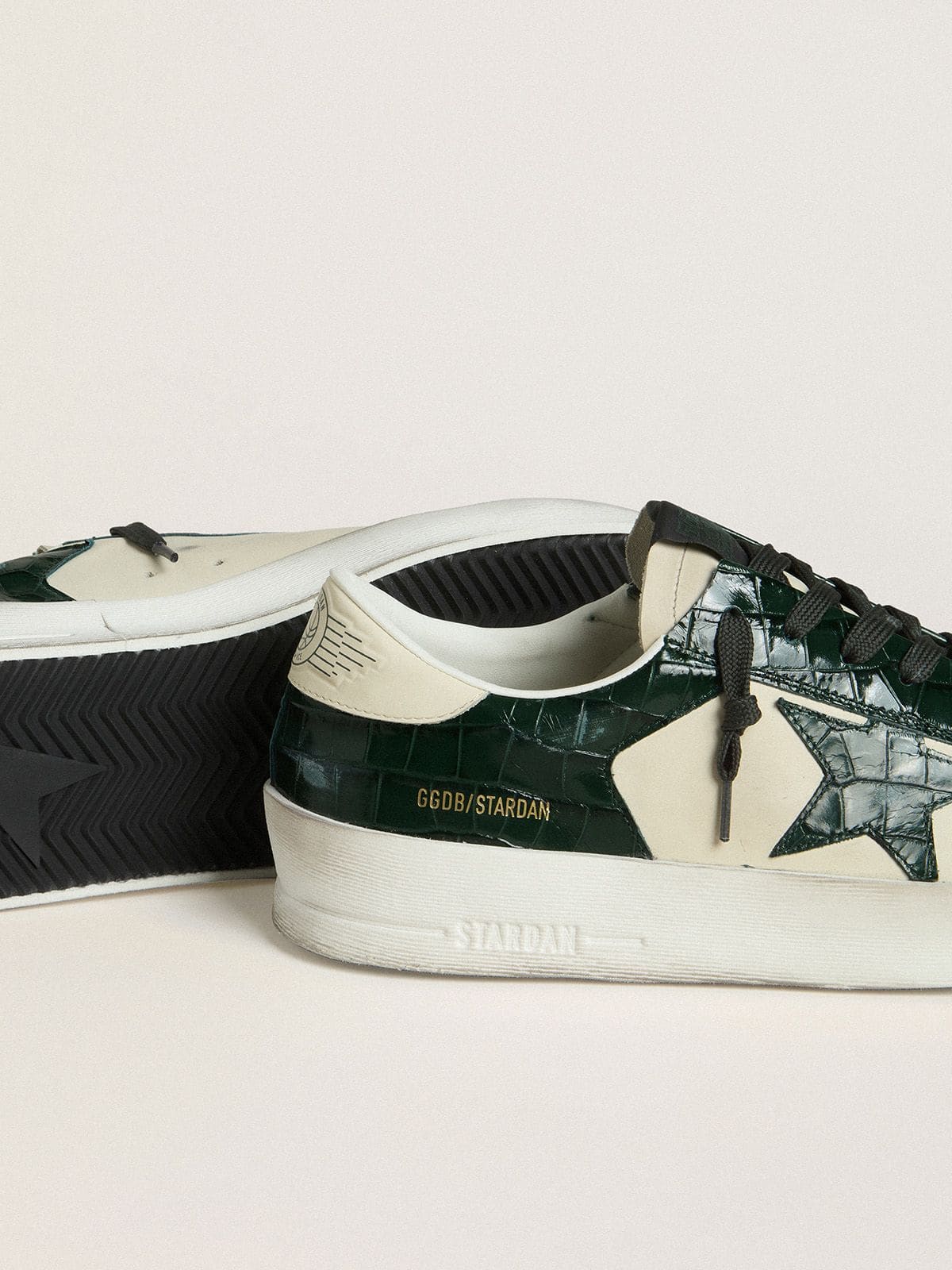 Men's Stardan LTD in cream leather with green crocodile-print leather star and inserts | Golden Goose