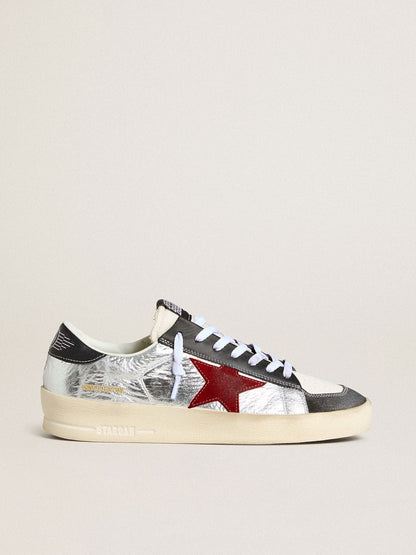 Men’s Stardan in laminated silver nylon with burgundy suede star | Golden Goose