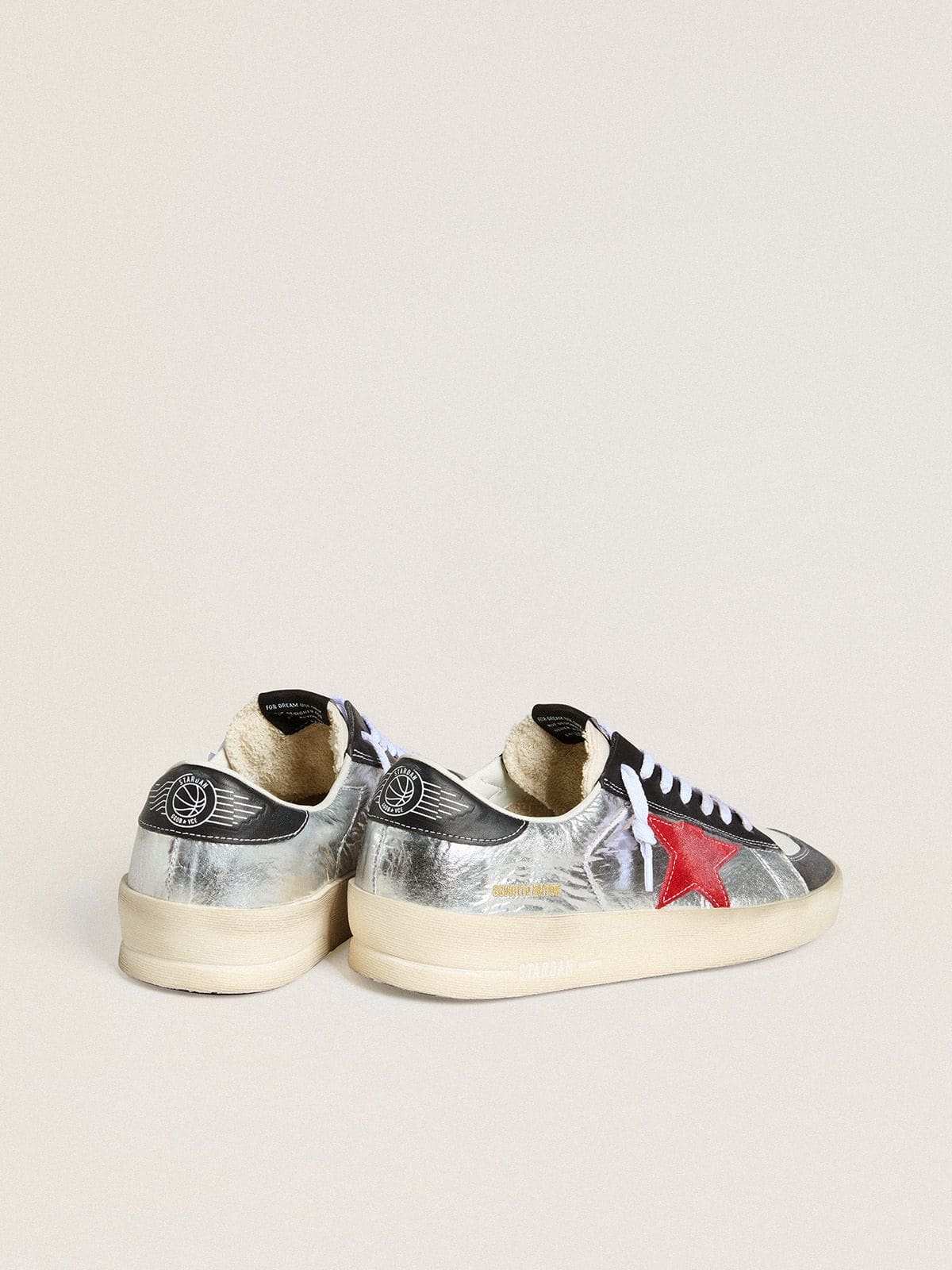 Men’s Stardan in laminated silver nylon with burgundy suede star | Golden Goose