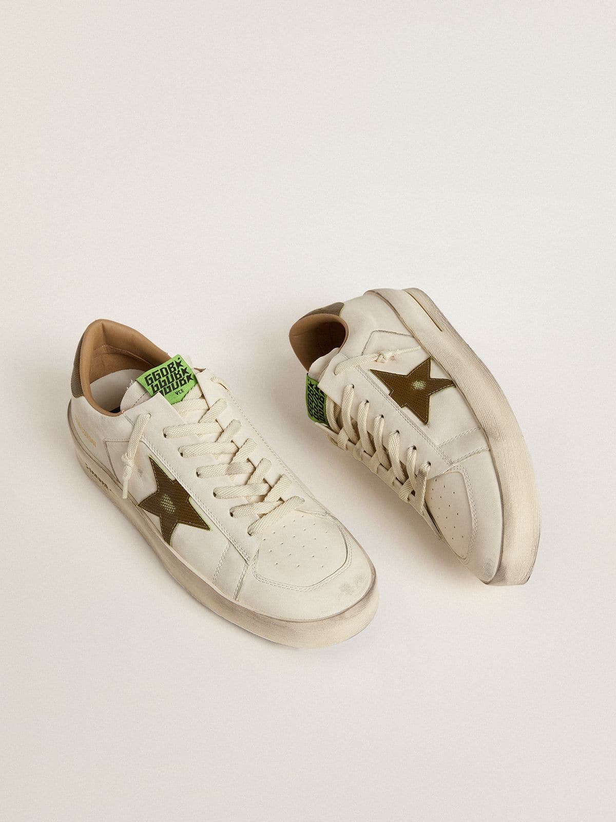 Men's Stardan in white leather with military-green snake-print leather star and heel tab | Golden Goose