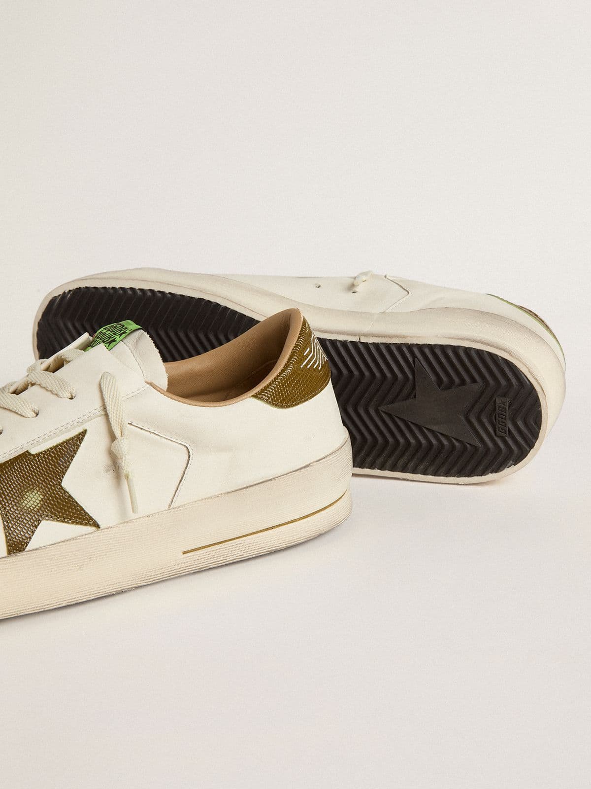 Men's Stardan in white leather with military-green snake-print leather star and heel tab | Golden Goose
