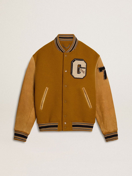 Ochre yellow wool bomber jacket with leather sleeves | Golden Goose