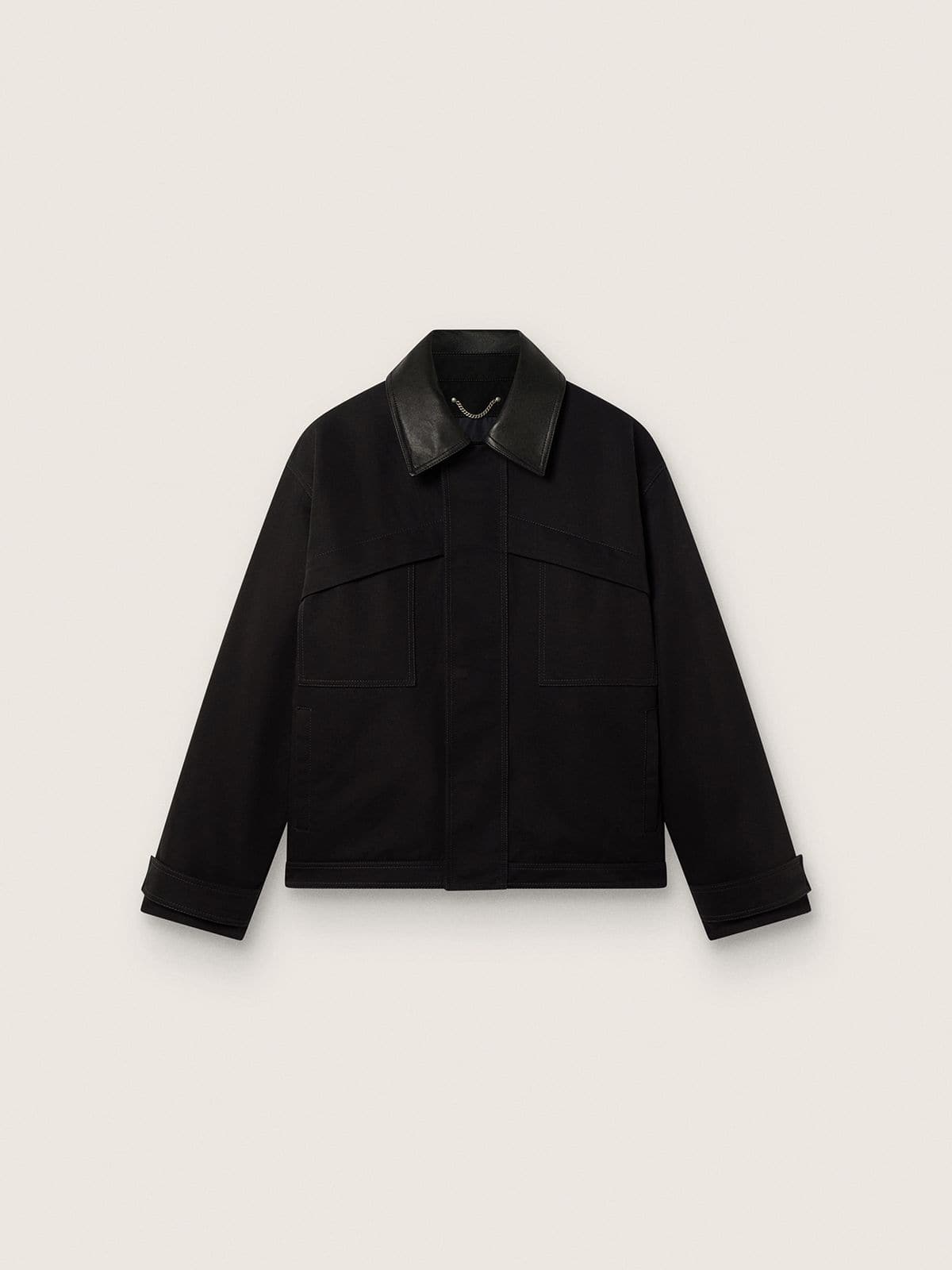 Men's short padded jacket in black cotton with leather collar | Golden Goose