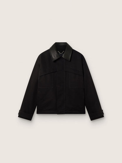 Men's short padded jacket in black cotton with leather collar | Golden Goose