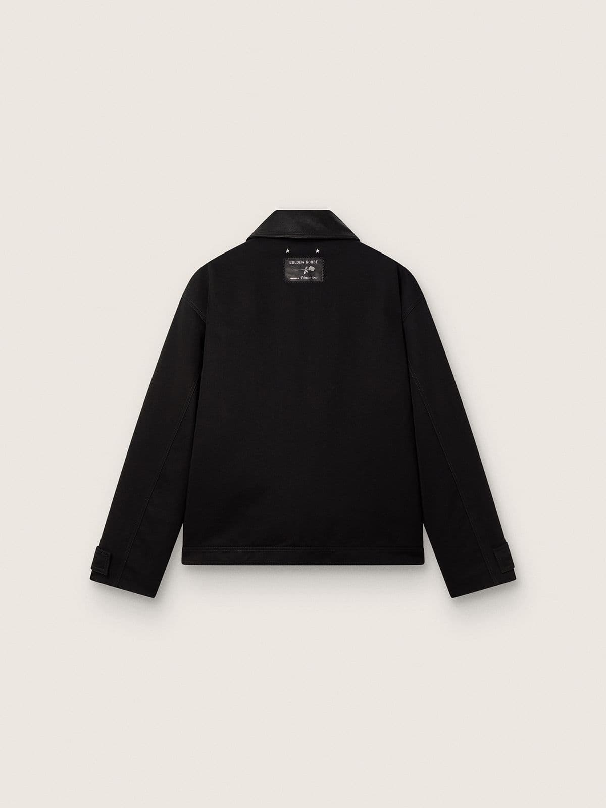 Men's short padded jacket in black cotton with leather collar | Golden Goose