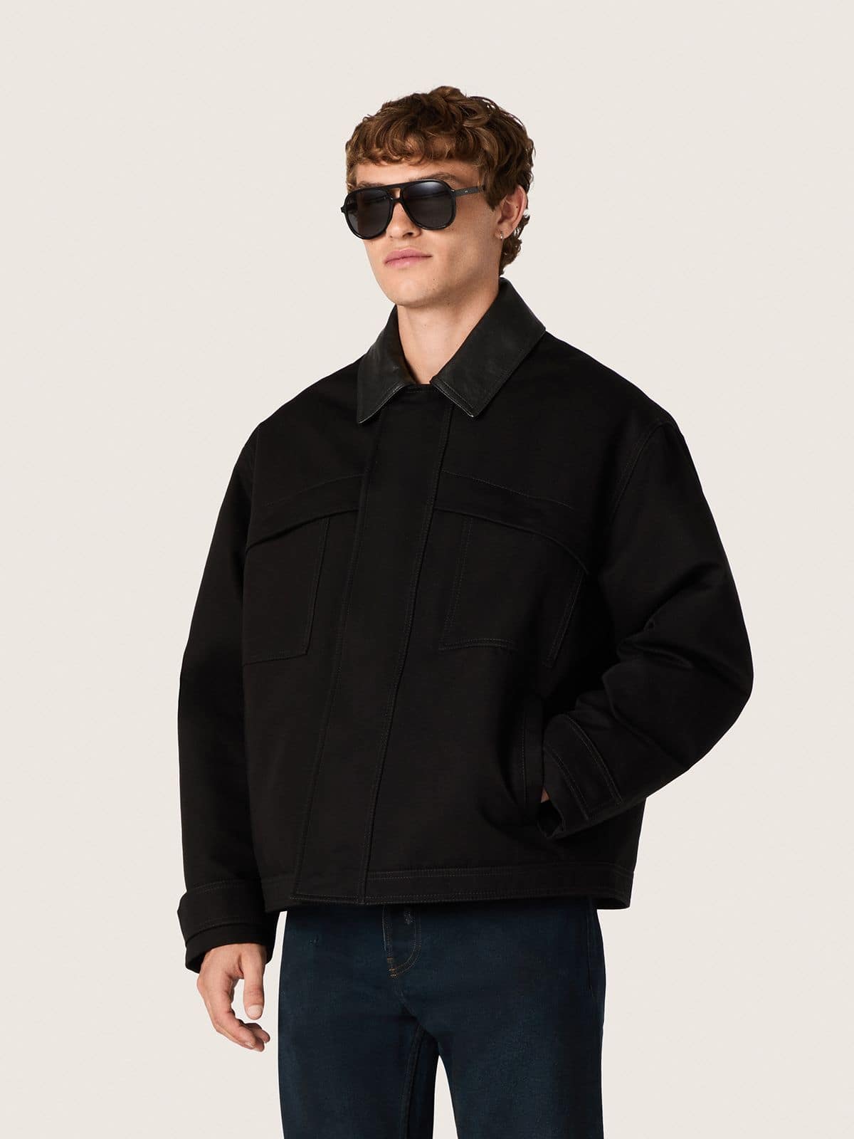 Men's short padded jacket in black cotton with leather collar | Golden Goose