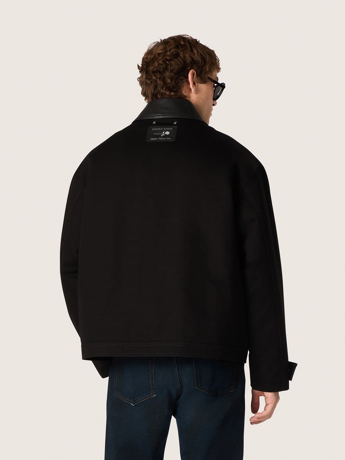 Men's short padded jacket in black cotton with leather collar | Golden Goose