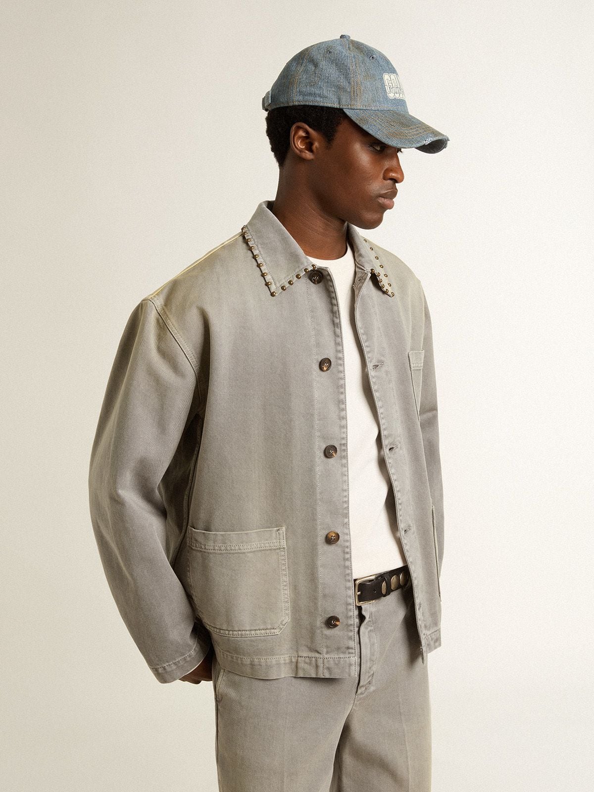 Men's gray denim jacket with studs | Golden Goose