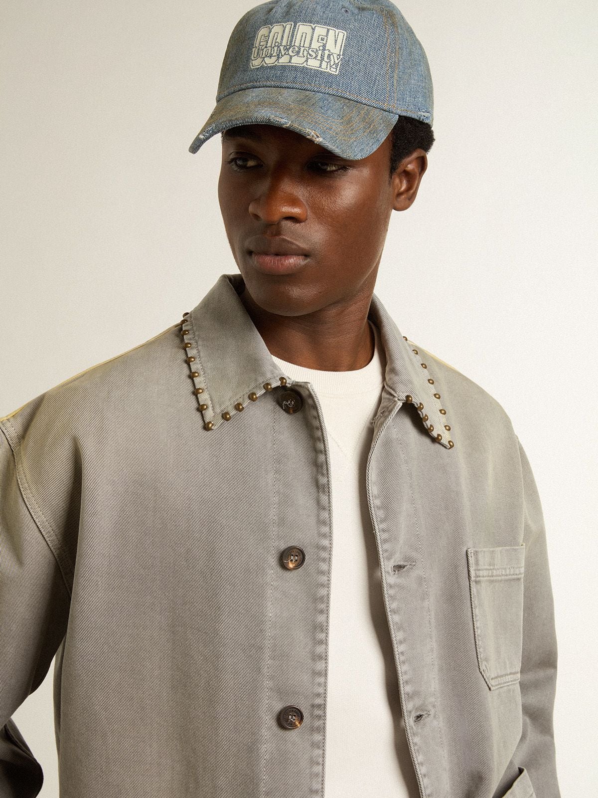 Men's gray denim jacket with studs | Golden Goose