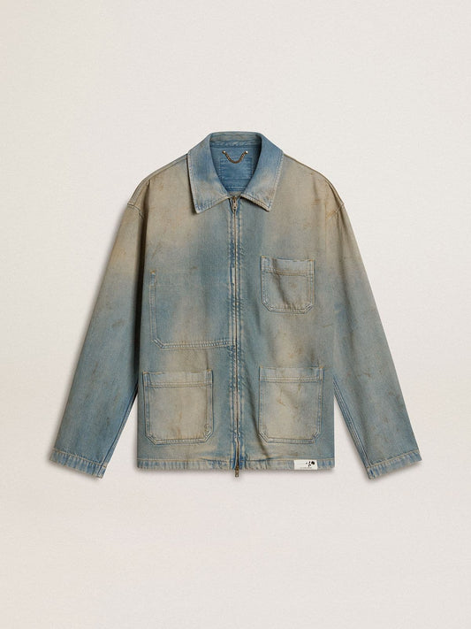 Men's distressed-effect denim jacket with zip | Golden Goose