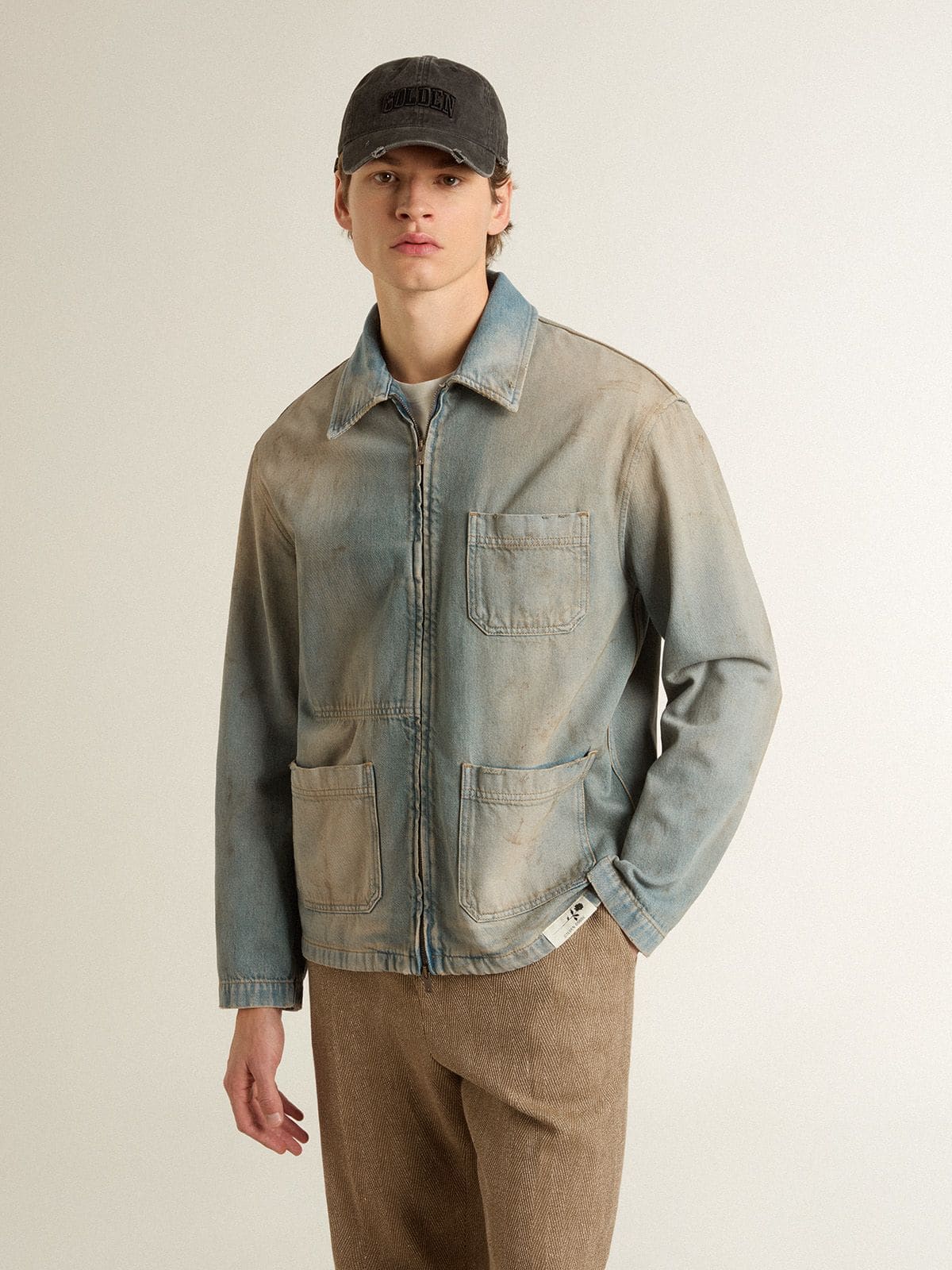 Men's distressed-effect denim jacket with zip | Golden Goose