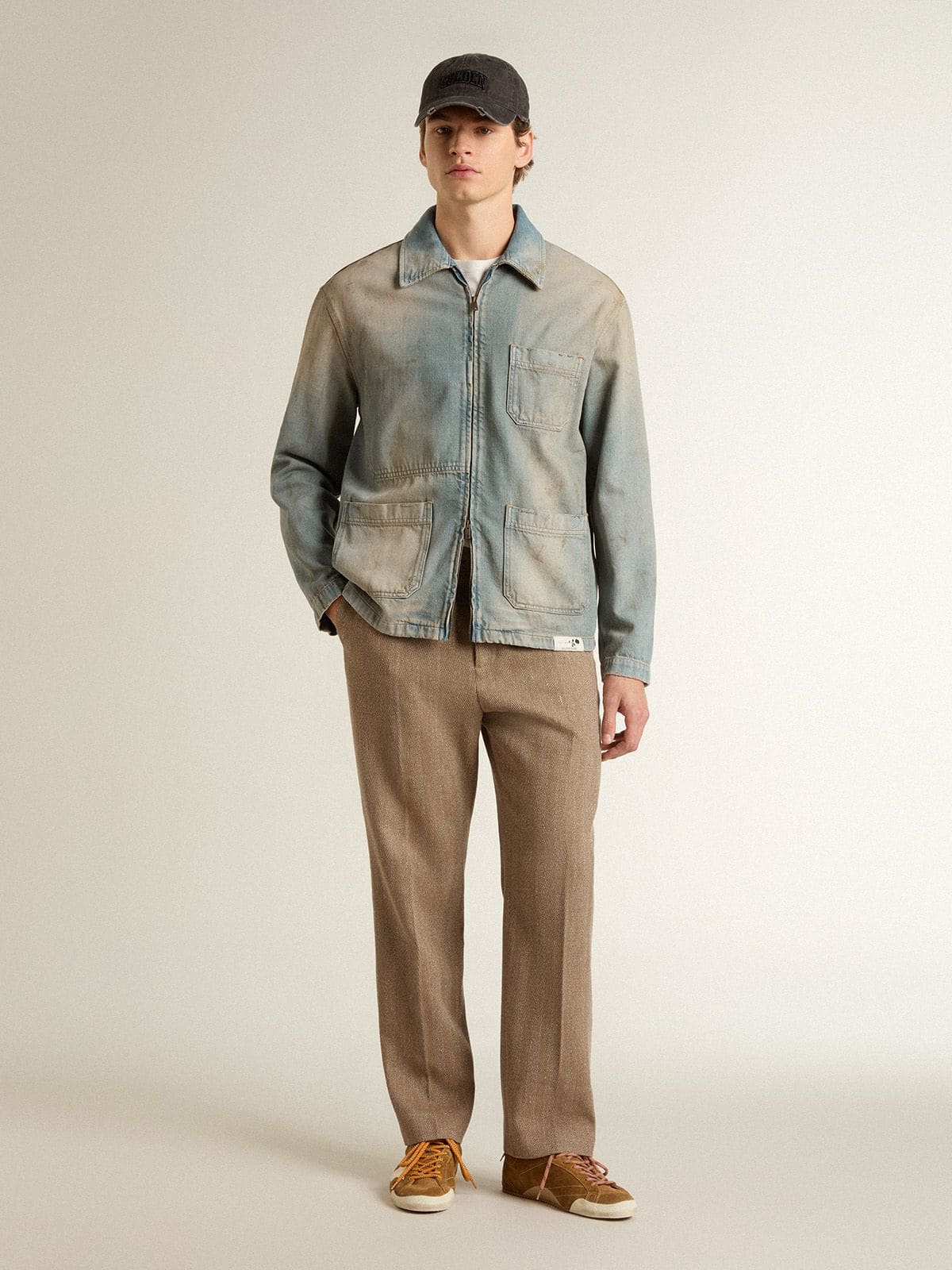 Men's distressed-effect denim jacket with zip | Golden Goose