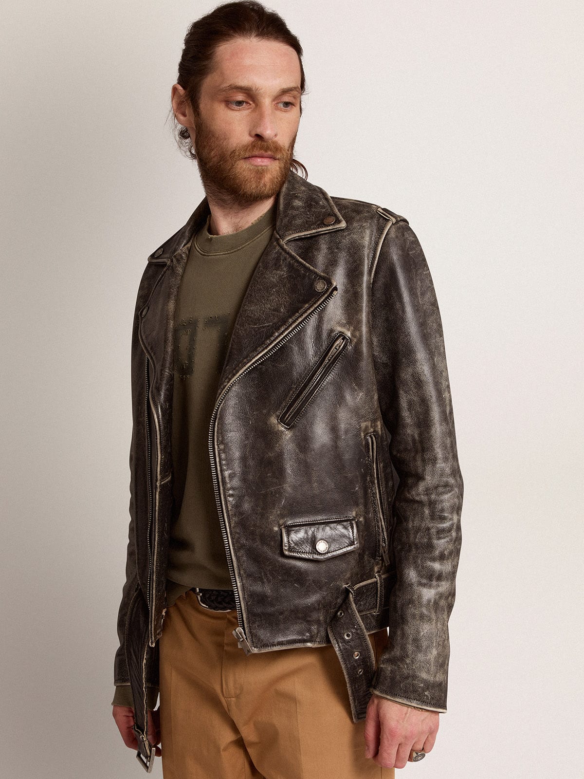 Men’s black leather biker jacket | Golden Goose | Golden Goose