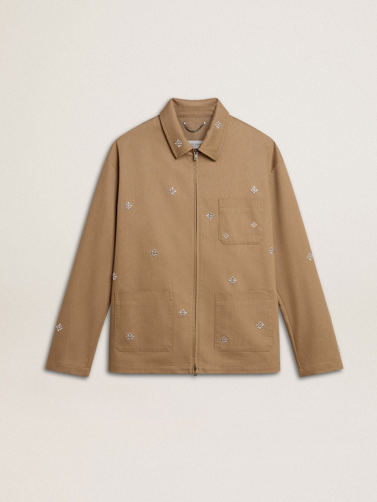 Men's beige jacket with floral embroidery and full zip | Golden Goose