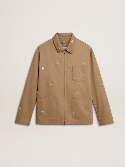 Men's beige jacket with floral embroidery and full zip | Golden Goose