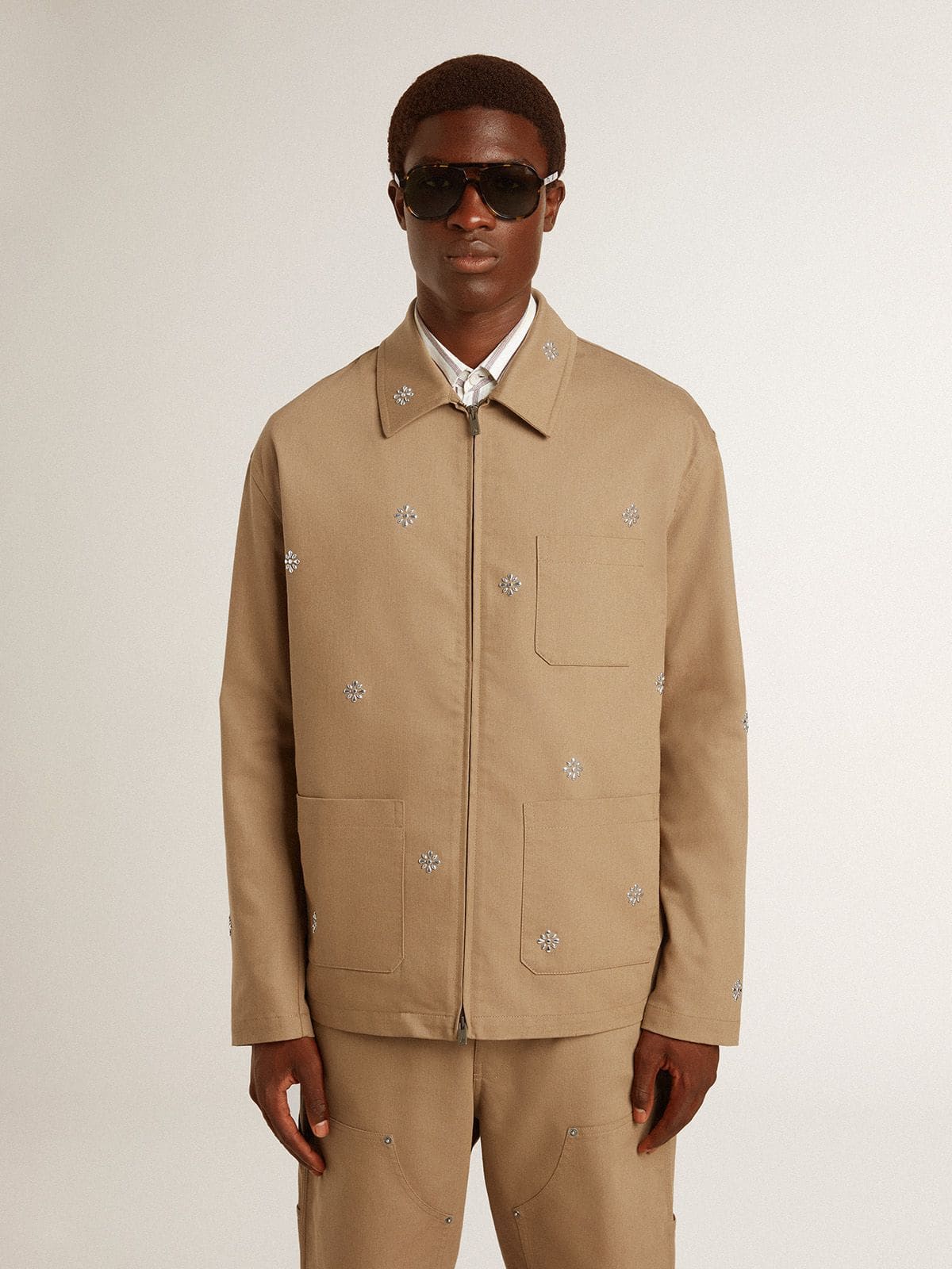 Men's beige jacket with floral embroidery and full zip | Golden Goose