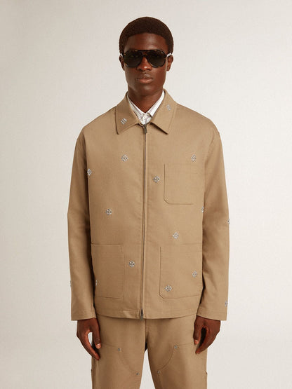 Men's beige jacket with floral embroidery and full zip | Golden Goose