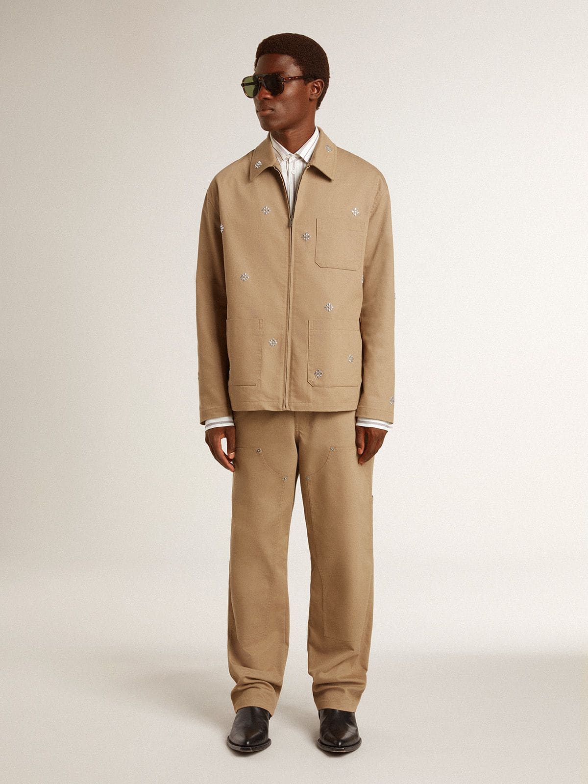 Men's beige jacket with floral embroidery and full zip | Golden Goose