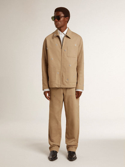 Men's beige jacket with floral embroidery and full zip | Golden Goose