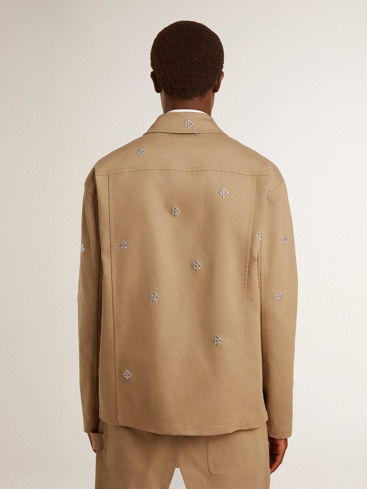 Men's beige jacket with floral embroidery and full zip | Golden Goose