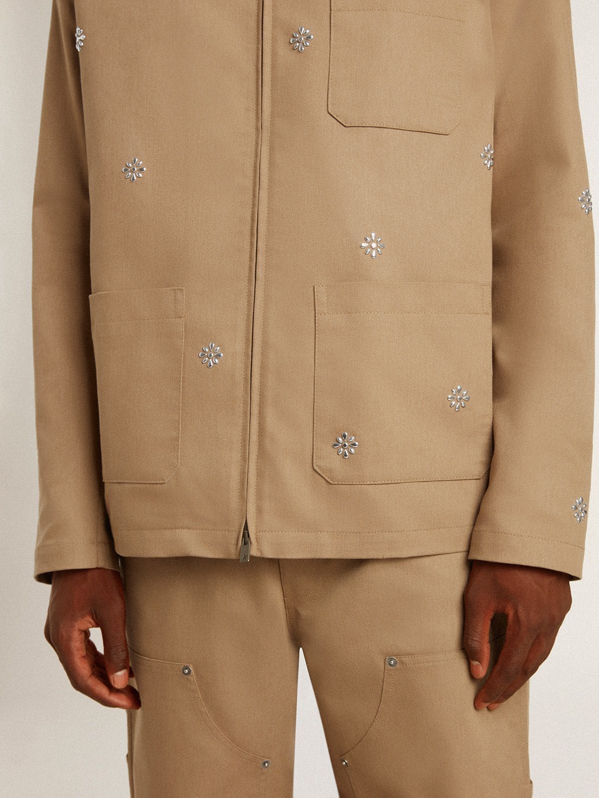 Men's beige jacket with floral embroidery and full zip | Golden Goose