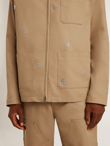 Men's beige jacket with floral embroidery and full zip | Golden Goose